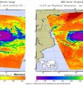 These two false-colored infrared images of Fantala show the storm on Apr. 17 (left) and Apr. 18 (right). The purple indicates temperatures colder than -81.6 (-63.1C), which are powerful thunderstorms, high into the troposphere.