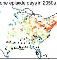 These are mean changes from 2000-2009 to 2050-2059 in ozone episode days due to climate
change in the RCP4.5 scenario, as calculated using statistically downscaled projections of daily maximum temperatures from 19 CMIP5 models.
