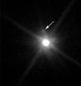 This Hubble image reveals the first moon ever discovered around the dwarf planet Makemake. The tiny satellite, located just above Makemake in this image, is barely visible because it is almost lost in the glare of the very bright dwarf planet. Hubble's sharp-eyed WFC3 made the observation in April 2015.