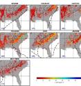Each map shows the increased levels of photosynthesis and carbon uptake by forests caused by individual hurricanes in 2004. The dotted gray lines represent the paths of the storms.