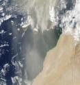The moderate resolution imaging spectroradiometer on NASA's Terra satellite acquired this natural-color image of dust sweeping off the coast of Western Sahara and Morocco on Aug. 7, 2015.