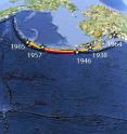 This is a map showing the Aleutians with respect to Hawai'i. The red and yellow arcs indicate the sections of the Aleutian subduction zones considered in the probability analysis. Stars and dates indicate epicenters of prior 20th century great earthquakes (Mw > 8).