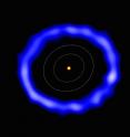 ALMA image of the ring of comets around HD 181327 (colours have been changed). The white contours represent the size of the Kuiper Belt in the Solar System.