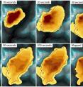 A computer-simulated time sequence of the gargantuan Sentinel landslide in Zion Canyon 4,8000 years ago is shown here. The first six frames show the progress of the rock-avalanche landslide, which lasted about a minute. Darker brown indicates thicker slide deposits, while yellow indicates thinner deposits. The last two frames compare the slide after it was at a complete standstill after 200 seconds with a reconstruction of the actual landslide deposit based on geological mapping. That shows the simulation is close to reality.