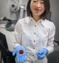 X. Chelsea Chen, a researcher at Berkeley Lab, holds a sample of a polymer membrane material that turned red when it soaked up a chemotherapy drug called doxorubicin. The material is designed to bind the drug, based on its electric charge, after the drug targets tumors and before it circulates throughout the body.