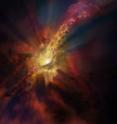 The cosmic weather report, as illustrated in this artist's concept, calls for condensing clouds of cold molecular gas around the Abell 2597 Brightest Cluster Galaxy. The clouds condense out of the hot, ionized gas that suffuses the space between the galaxies in this cluster. New ALMA data show that these clouds are raining in on the galaxy, plunging toward the supermassive black hole at its center.