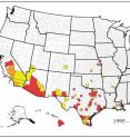 This map shows counties where <I>Aedes aegypti </I>was reported between Jan. 1, 1995, and March 2016. Counties shown in yellow had records for one year within that time period; those shown in orange had two years of presence records, and those shown in red had three or more years of presence records.