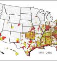 This map shows counties where <I>Aedes albopictus</I> was reported between Jan. 1, 1995, and March 2016. Counties shown in yellow had records for one year within that time period; those shown in orange had two years of presence records, and those shown in red had three or more years of presence records.