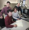 (Clockwise from back left) Yugang Zhang, Oleg Gang, Alexei Tkachenko, and Ye Tian in a cryo-electron microscopy lab at Brookhaven's Center for Functional Nanomaterials. Gang's research team used cryo-electron microscopy to produce the image shown on the screen -- a superlattice of nanoparticles assembled with the DNA frames the team designed.