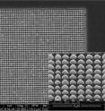 The focused ion beam fabricated trilayer metasurface within the inset shows rounded features in the upper 2-D gold square periodic surface.