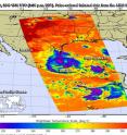 This false-colored AIRS infrared image from NASA's Aqua satellite of Tropical Storm Storm Danielle showed cold cloud top temperatures (purple) of strong storms on June 20.