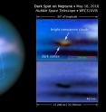 This new Hubble Space Telescope image confirms the presence of a dark vortex in the atmosphere of Neptune. The full visible-light image at left shows that the dark feature resides near and below a patch of bright clouds in the planet's southern hemisphere. The full-color image at top right is a close-up of the complex feature. The vortex is a high-pressure system. The image at bottom right shows that the vortex is best seen at blue wavelengths.