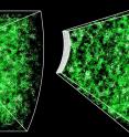 This is a section of the three-dimensional map constructed by BOSS. The rectangle on the far left shows a cutout of 1000 sq. degrees in the sky containing nearly 120,000 galaxies, or roughly 10% of the total survey. The spectroscopic measurements of each galaxy (every dot in that cutout) transform the two-dimensional picture into a three-dimensional map, extending our view out to 7 billion years in the past. The brighter regions in this map correspond to the regions of the Universe with more galaxies and therefore more dark matter. The extra matter in those regions creates an excess gravitational pull, which makes the map a test of Einstein's theory of gravity.