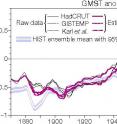 This graph shows observed global mean surface temperature (GMST) based on three datasets (black curves in degree C), and the new estimates of anthropogenic global warming (AGM). The simulated GMST change without considering tropical Pacific internal variability is plotted as reference (white curve with blue shading indicating the uncertainty).