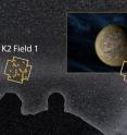 Image montage showing the Maunakea Observatories, Kepler Space Telescope, and night sky with K2 Fields and discovered planetary systems (dots) overlaid. An international team of scientists discovered more than 100 planets based on images from Kepler operating in the 'K2 Mission'. The team confirmed and characterized the planets using a suite of telescopes worldwide, including four on Maunakea (the twin telescopes of Keck Observatory, the Gemini&shy;North Telescope, and the Infrared Telescope Facility). The planet image on the right is an artist's impression of a representative planet.