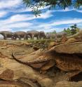 An artistic rendering shows an early proto turtle <i>Eunotosaurus</i> (foreground) burrowing into the banks of a dried-up pond to escape the harsh arid environment present 260 million years ago in South Africa. In the background, a herd of <i>Bradysaurus</i> congregates around the remaining muddy water.