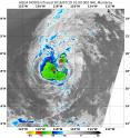 At 6 a.m. EDT on July 19, infrared data from NASA's Aqua satellite showed strongest storms (red) were located around Tropical Storm Estelle's developing eye northeast and southwest of the center.