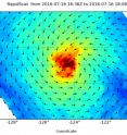 On July 16, NASA's RapidScat instrument found Darby's strongest winds (red) greater than 30 meters per second (67 mph/108 kph) around the entire storm with the exception of the southwestern quadrant.