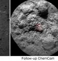 NASA's Curiosity Mars rover autonomously selects some targets for the laser and telescopic camera of its ChemCam instrument. For example, on-board software analyzed the Navcam image at left, chose the target indicated with a yellow dot, and pointed ChemCam for laser shots and the image at right.
