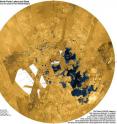 A view of Titan's northern pole reveals many hydrocarbon lakes and seas. Titan is the only other celestial body, in addition to Earth, where erosion actively etches its surface.