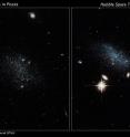 NASA's Hubble Space Telescope has captured the glow of new stars in these small, ancient galaxies, called Pisces A and Pisces B. The dwarf galaxies have lived in isolation for billions of years and are just now beginning to make stars.