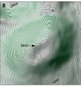 Researchers draped a digital terrain model over a shaded image of Ahuna, placing contour lines at 100 meter (330 foot) elevation intervals. Key spot elevations are shown in meters.