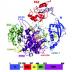 This is a schematic representation of the hAgo2-miR-20a complex with the PAZ domain in red and the Mid domain in green. The microRNA, shown in stick representation, is anchored at its ends in the PAZ and Mid domains and tracks along the RNA binding groove.