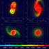 Shown is an off-center, low-velocity collision of two protoplanets containing 45 percent and 55 percent of the Earth’s mass. Color scales with particle temperature in kelvin, with blue-to-red indicating temperatures from 2,000 K to in excess of 6,440 K. After the initial impact, the protoplanets re-collide, merge and form a rapidly spinning Earth-mass planet surrounded by an iron-poor protolunar disk containing about 3 lunar masses. The composition of the disk and the final planet’s mantle differ by less than 1 percent.