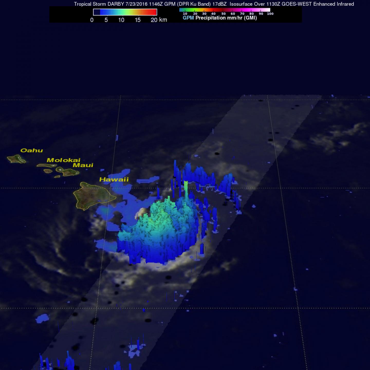 NASA calculated Tropical Storm Darby's rainfall rates over Hawaii (e