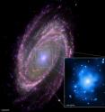 This composite image of M81 includes X-rays from the Chandra (blue), optical data from Hubble (green), infrared from Spitzer (pink) and ultraviolet data from GALEX (purple). The inset shows a close-up of the Chandra image where a supermassive black hole about 70 million times more massive than the Sun lurks.  A new study using data from Chandra and ground-based telescopes, combined with detailed theoretical models, shows that the giant black hole in M81 feeds just like ones with masses of only about ten times that of the Sun.