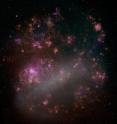 This panoramic optical image of the Large Magellanic Cloud (LMC) is from the Magellanic Cloud Emission Line Survey (MCELS). Emission lines of hydrogen are red, singly-ionized sulfur is green and doubly-ionized oxygen is blue. The image highlights regions of star formation in the LMC, including supernova remnants and giant structures carved out by multiple supernovas. This panoramic optical image of the Large Magellanic Cloud (LMC) is from the Magellanic Cloud Emission Line Survey (MCELS). Emission lines of hydrogen are red, singly-ionized sulfur is green and doubly-ionized oxygen is blue. The image highlights regions of star formation in the LMC, including supernova remnants and giant structures carved out by multiple supernovas.