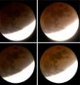 The top row of images is comprised of digital photographs taken from Troy, N.Y., of the Feb. 21, 2008 lunar eclipse. The bottom row of images is comprised of computer simulations rendered by researchers at Rensselaer Polytechnic Institute. The top row of images is comprised of digital photographs taken from Troy, N.Y., of the Feb. 21, 2008 lunar eclipse. The bottom row of images is comprised of computer simulations rendered by researchers at Rensselaer Polytechnic Institute.