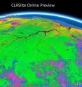 This CLASlite image of the Amazon Basin shows deforested regions in pink and blue and intact forests in green. This CLASlite image of the Amazon Basin shows deforested regions in pink and blue and intact forests in green.