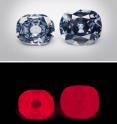 The Wittelsbach-Graff diamond (31.06 ct, left) and the Hope diamond (45.52 ct, right) apparently were not cut from the same crystal, even though they share several similarities, such as strong red phosphorescence (bottom).