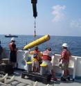 An autonomous underwater vehicle from the Monterey Bay Aquarium Research Institute (MBARI) being launched from the NOAA Ship Gordon Gunter in the Gulf of Mexico