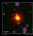 Images from Swift's Ultraviolet/Optical (white, purple) and X-ray telescopes (yellow and red) were combined in this view of GRB 110328A. The blast was detected only in X-rays, which were collected over a 3.4-hour period on March 28. Images from Swift's Ultraviolet/Optical (white, purple) and X-ray telescopes (yellow and red) were combined in this view of GRB 110328A. The blast was detected only in X-rays, which were collected over a 3.4-hour period on March 28.