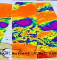This series of three infrared images shows the strengthening of Tropical Storm Songda over the period of May 19-22, 2011. Notice that the area with strongest convection (purple) has expanded over that time. That area has the coldest, highest thunderstorm cloud tops near -63 F/-52C, and heaviest rainfall. Over those four days, Songda took on a more rounded shape.