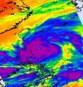 This infrared image of Super Typhoon Songda was captured by the AIRS instrument on NASA's Aqua satellite on May 27, 2011, at 5:05 UTC (1:05 a.m. EDT). At this time, Songda was a Category 4 storm. The purple areas indicate very strong thunderstorms with heavy rainfall and there is a large area of them that surround the visible eye. Taiwan is northwest of the storm.