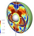 Princeton and New York University researchers have simulated the effect of a primordial black hole passing through a star. Primordial black holes are among the objects hypothesized to make up dark matter -- the invisible substance thought to constitute much of the universe -- and astronomers could use the researchers' model to finally observe the elusive black holes. This image illustrates the resulting vibration waves as a primordial black hole (white dots) passes through the center of a star. The different colors correspond to the density of the primordial black hole and strength of the vibration.