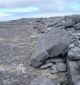 This is the boulder ridge around the coastline of the Aran Islands. New research finds that storm waves have formed these ridges, despite the contention of some researchers that only a tsunami would have enough power to do this.