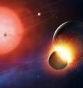 The host star is running out of hydrogen in the core, swells up, and its surface becomes cooler. It is also losing mass, which causes the planets to move further out. The perturbation of the orbits may lead to collisions that will generate large amounts of rocky debris. The host star is running out of hydrogen in the core, swells up, and its surface becomes cooler. It is also losing mass, which causes the planets to move further out. The perturbation of the orbits may lead to collisions that will generate large amounts of rocky debris.