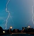 Lightning lights up the Vehicle Assembly Building at NASA's Kennedy Space Center in Florida during thunderstorms on Monday, Sept. 27, 2010.