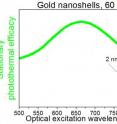 Rice University researchers found that pulsed (or "nonstationary") lasers could narrow the response spectra of 60-nanometer-wide gold nanoshells to a very narrow spectral band (red peak), as opposed to continuous ("stationary") excitation by laser (green peak). The discovery opens new possibilities for the use of metallic nanoparticles in medical and electronic applications.