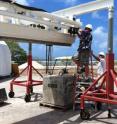 In the Marshall Islands at a range in Kwajalein, the EVEX (Equatorial Vortex Experiment) team readies the launcher. The mission consists of two sounding rockets to study the ionosphere that will launch minutes apart during a launch window of April 27 to May 10, 2013.