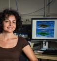 Georgia Tech associate professor Elisa Riedo poses with instrumentation used to study how the properties of confinement materials affect the effective viscosity of water at nanometer size scales.