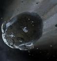 This is an artist impression of a rocky and water-rich asteroid being torn apart  by the strong gravity of the white dwarf star GD 61.  Similar objects  in the Solar System likely delivered the bulk of water on Earth and  represent the building blocks of the terrestrial planets.