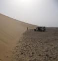 Sand dunes in Qatar are shown. Tracks of lizards are visible in the sand in the down left corner of the photo.