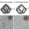 These schematic illustrations and corresponding transmission electron microscope images show the evolution of platinum/nickel from polyhedra to dodecahedron nanoframes with platinum-enriched skin.