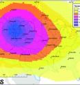 An example of the possible distribution of ash from a month-long Yellowstone supereruption. The distribution map was generated by a new model developed by the US Geological Survey using wind information from January 2001. The improved computer model, detailed in a new study published in Geochemistry, Geophysics, Geosystems, finds that the hypothetical, large eruption would create a distinctive kind of ash cloud known as an umbrella, which expands evenly in all directions, sending ash across North America. Ash distribution will vary depending on cloud height, eruption duration, diameter of volcanic particles in the cloud, and wind conditions, according to the new study.