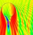 Nanoengineers have invented a spherical nanorobot made of silica that focuses light like a near-field lens to write surface patterns for nanoscale devices. In this image, the red and purple areas indicate where the light is being magnified to produce a trench pattern on light sensitive material. The researchers published their novel "nanomotor lithography" method recently in the journal <i>Nature Communications</i>.